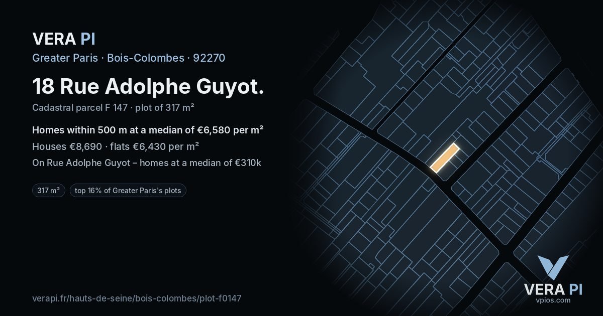18 Rue Adolphe Guyot, Bois-Colombes at night – the plot lit, the parcels around coloured by the prices near them
