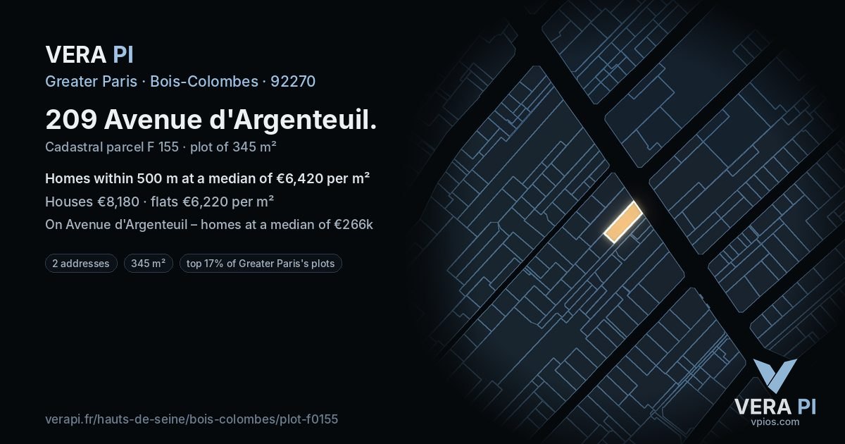 209 Avenue d'Argenteuil, Bois-Colombes at night – the plot lit, the parcels around coloured by the prices near them