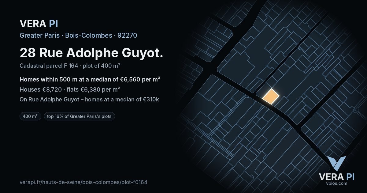 28 Rue Adolphe Guyot, Bois-Colombes at night – the plot lit, the parcels around coloured by the prices near them