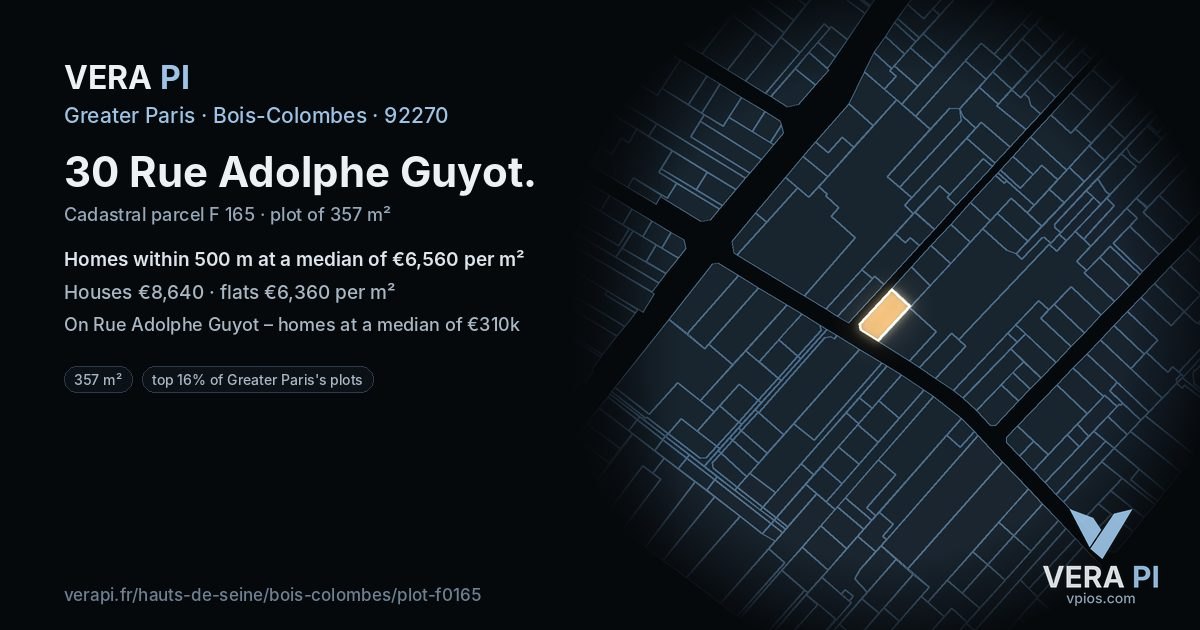 30 Rue Adolphe Guyot, Bois-Colombes at night – the plot lit, the parcels around coloured by the prices near them
