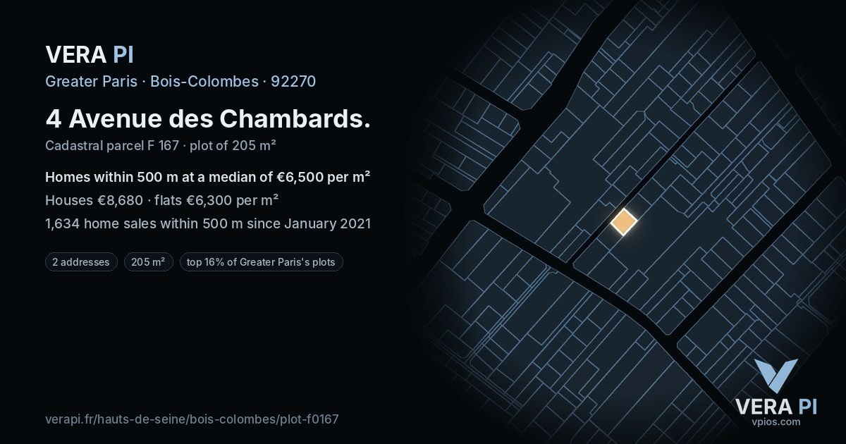 4 Avenue des Chambards, Bois-Colombes at night – the plot lit, the parcels around coloured by the prices near them