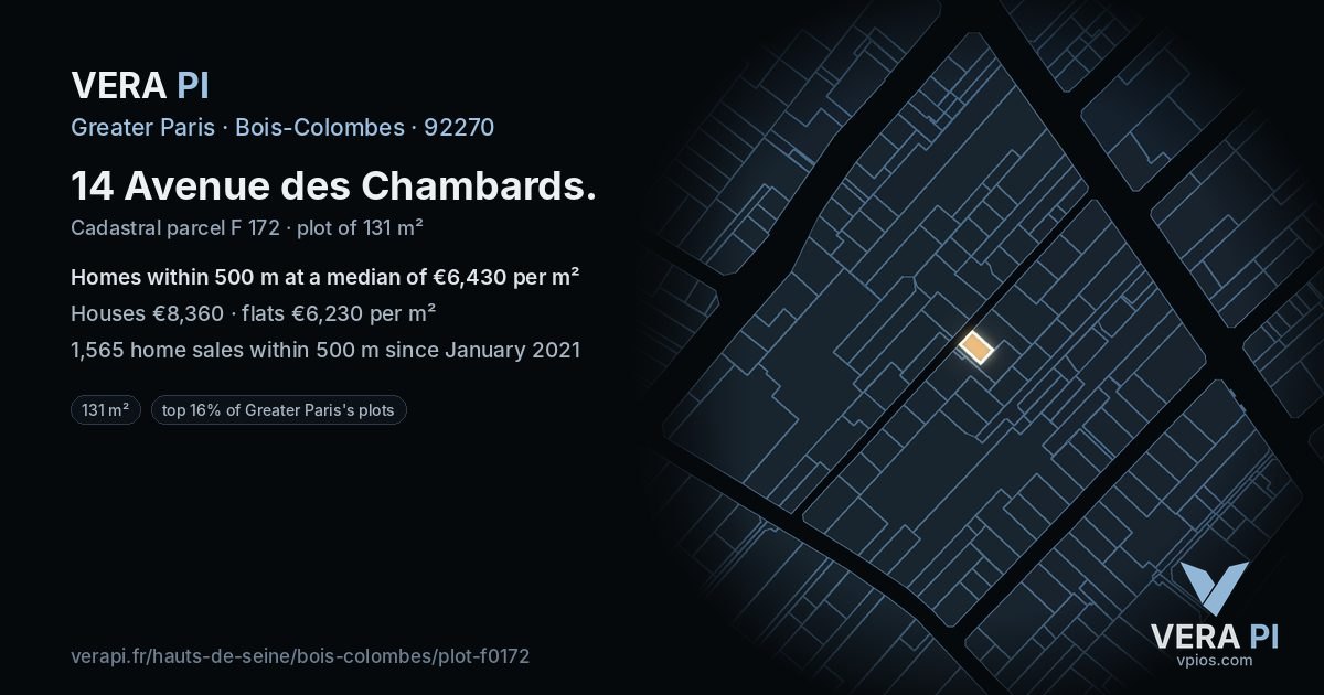 14 Avenue des Chambards, Bois-Colombes at night – the plot lit, the parcels around coloured by the prices near them