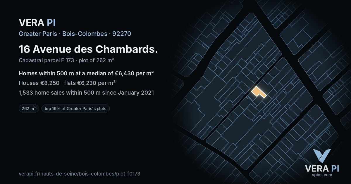 16 Avenue des Chambards, Bois-Colombes at night – the plot lit, the parcels around coloured by the prices near them