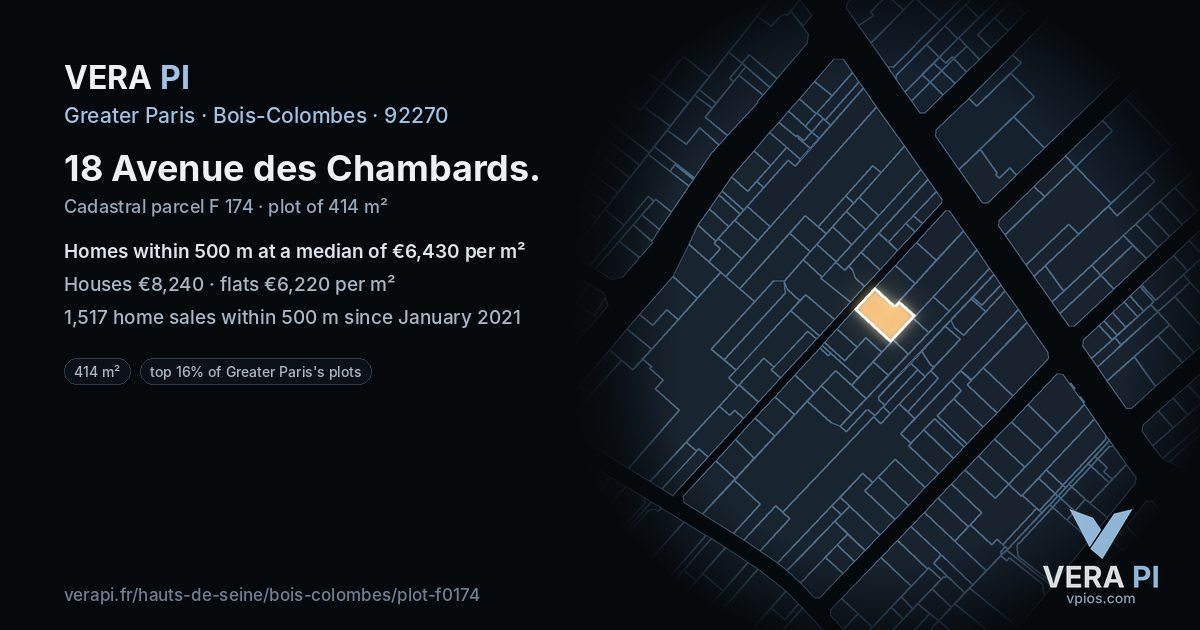 18 Avenue des Chambards, Bois-Colombes at night – the plot lit, the parcels around coloured by the prices near them