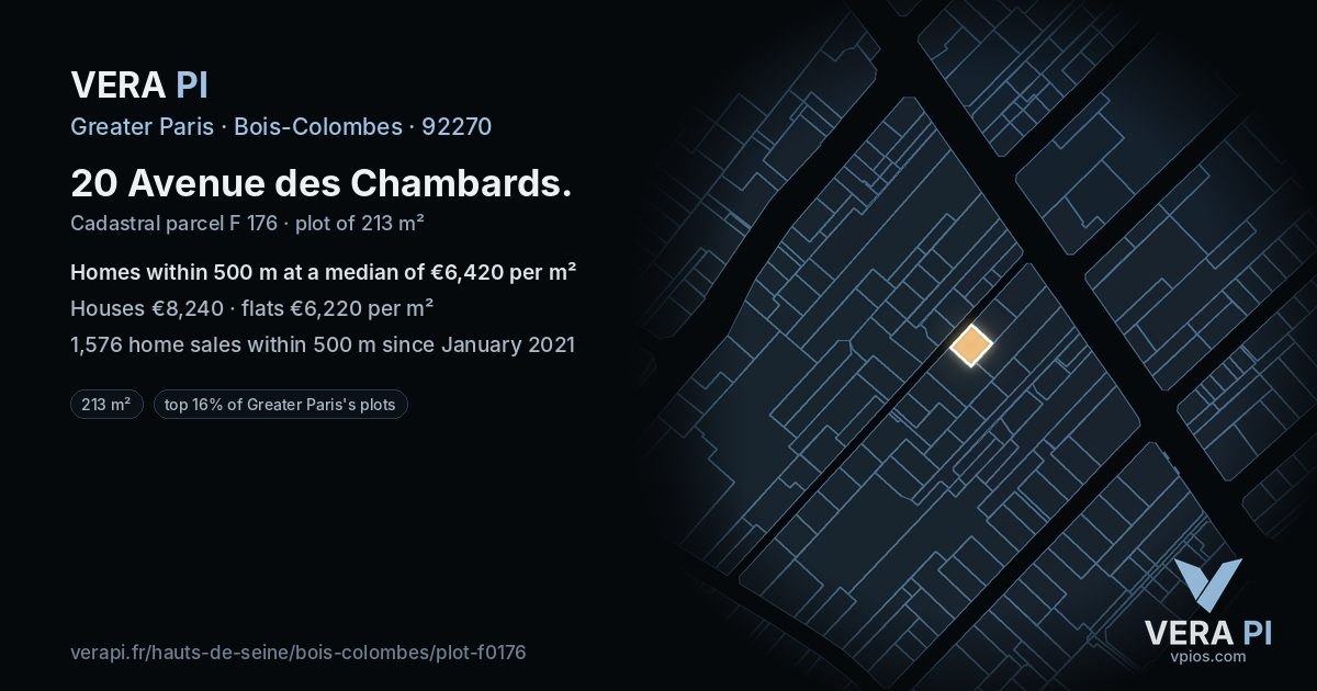 20 Avenue des Chambards, Bois-Colombes at night – the plot lit, the parcels around coloured by the prices near them