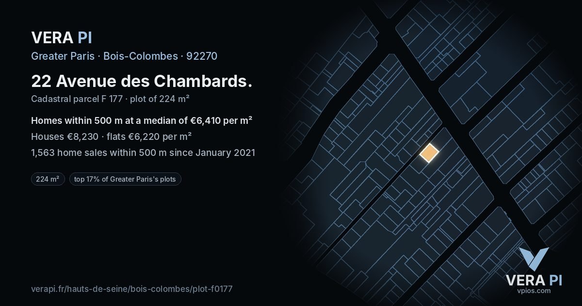 22 Avenue des Chambards, Bois-Colombes at night – the plot lit, the parcels around coloured by the prices near them