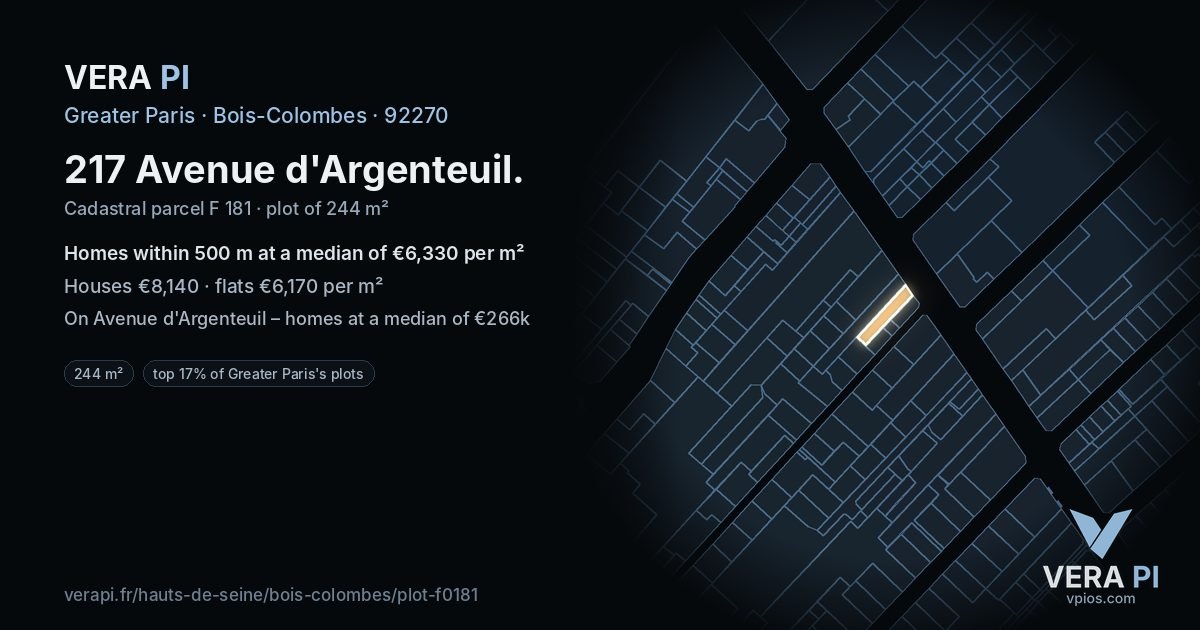 217 Avenue d'Argenteuil, Bois-Colombes at night – the plot lit, the parcels around coloured by the prices near them