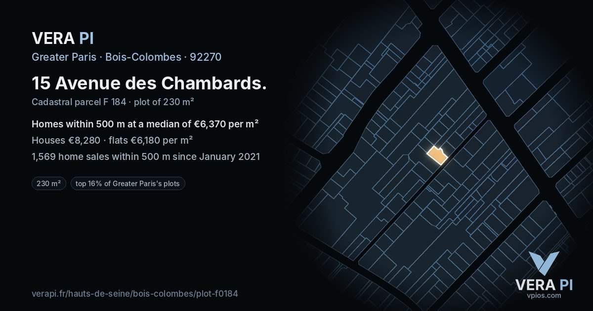 15 Avenue des Chambards, Bois-Colombes at night – the plot lit, the parcels around coloured by the prices near them