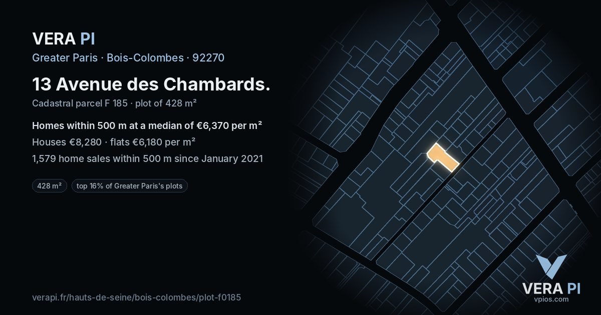 13 Avenue des Chambards, Bois-Colombes at night – the plot lit, the parcels around coloured by the prices near them