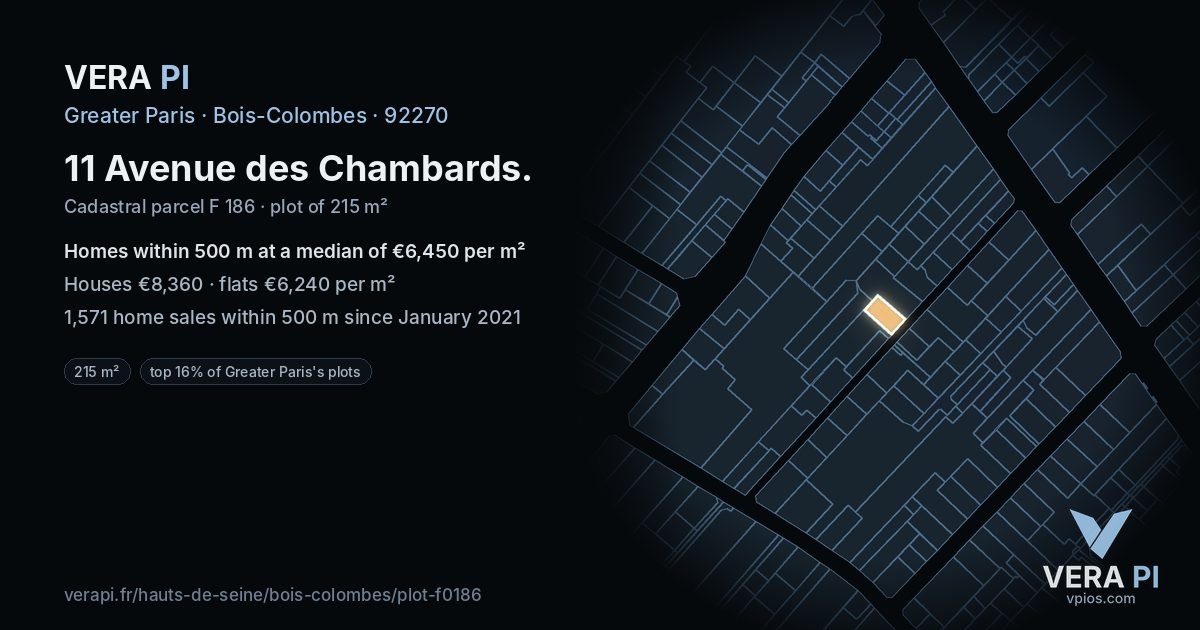 11 Avenue des Chambards, Bois-Colombes at night – the plot lit, the parcels around coloured by the prices near them