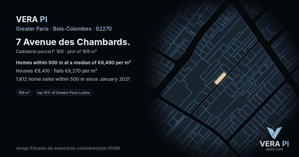 7 Avenue des Chambards, Bois-Colombes at night – the plot lit, the parcels around coloured by the prices near them
