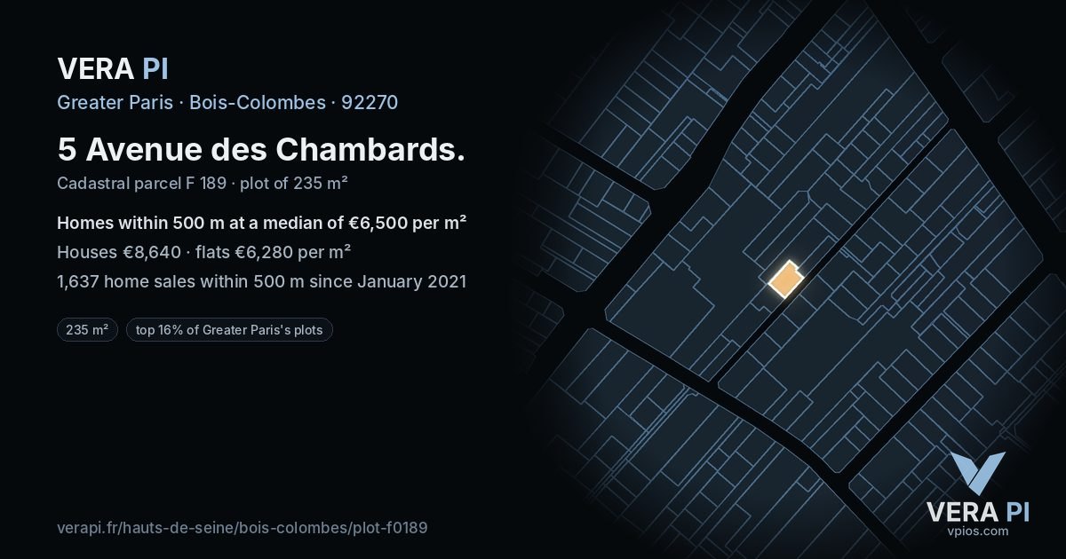 5 Avenue des Chambards, Bois-Colombes at night – the plot lit, the parcels around coloured by the prices near them