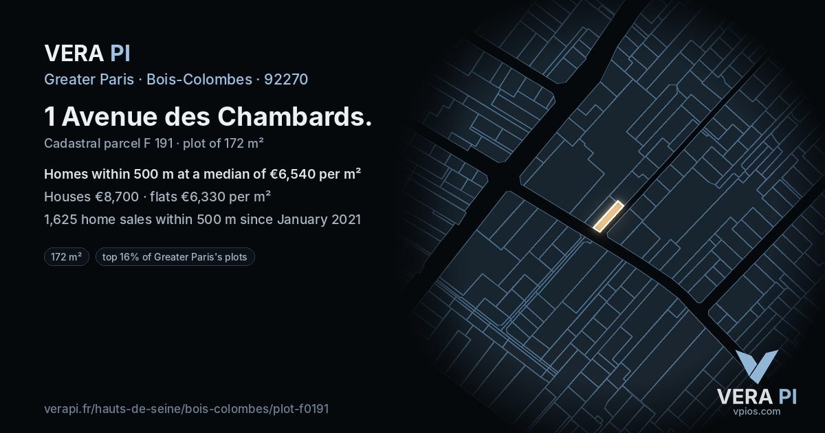 1 Avenue des Chambards, Bois-Colombes at night – the plot lit, the parcels around coloured by the prices near them