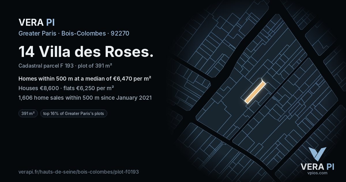 14 Villa des Roses, Bois-Colombes at night – the plot lit, the parcels around coloured by the prices near them