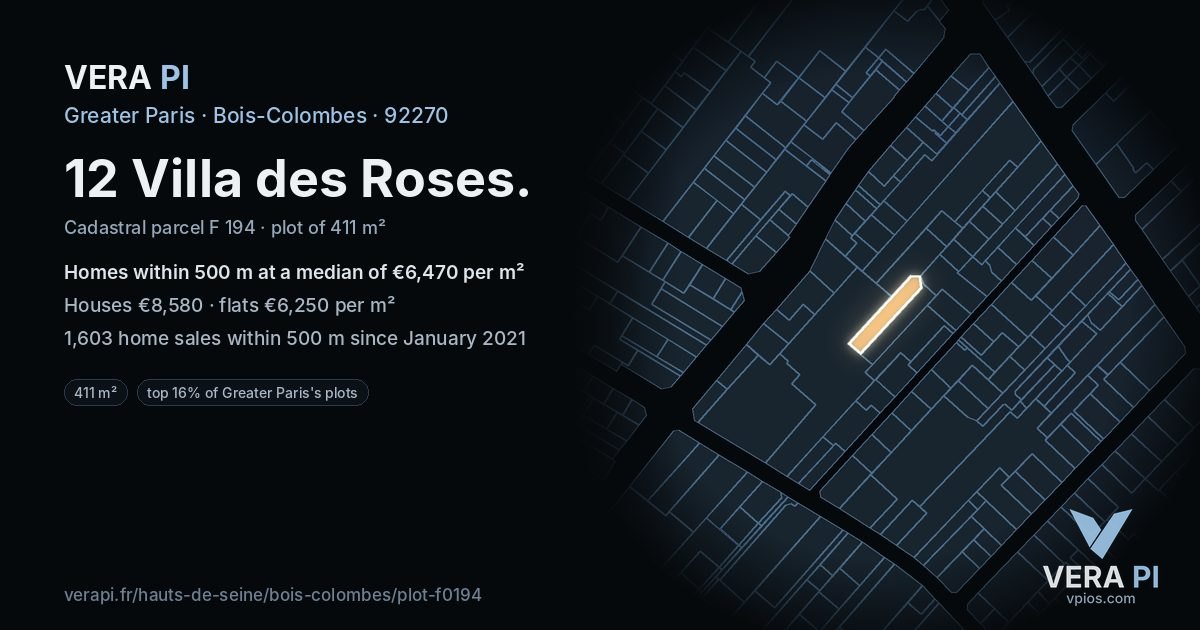 12 Villa des Roses, Bois-Colombes at night – the plot lit, the parcels around coloured by the prices near them