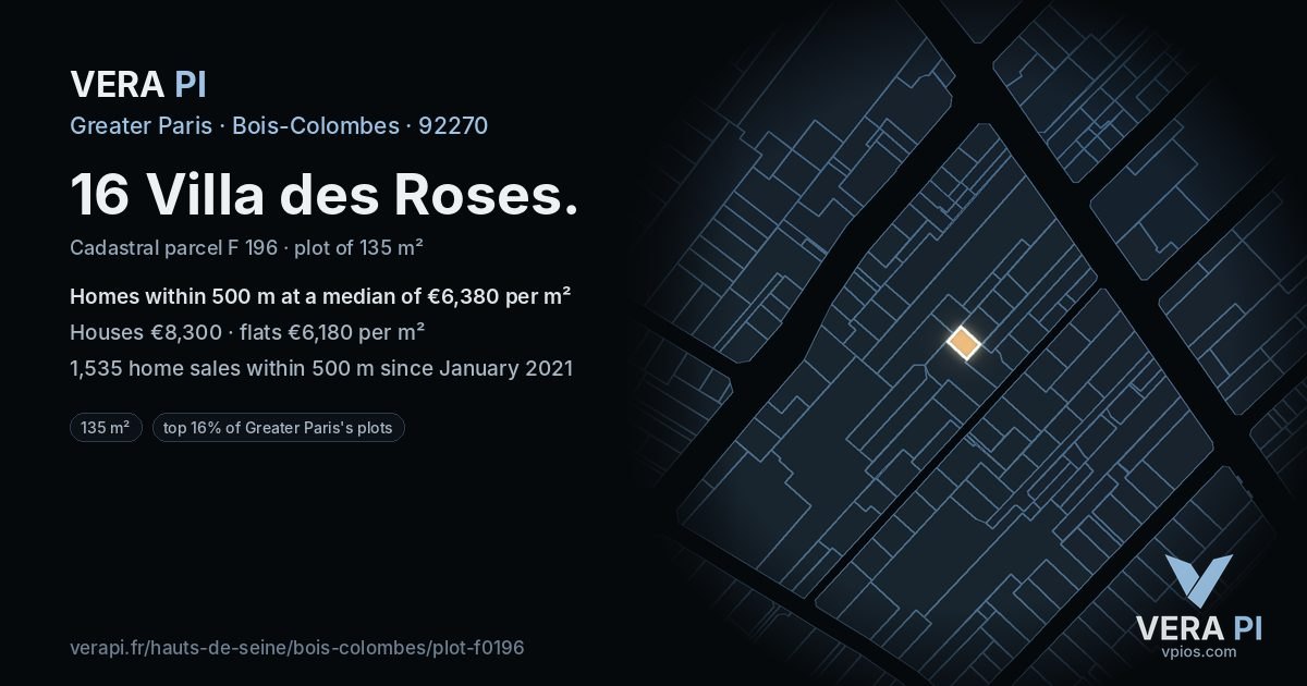 16 Villa des Roses, Bois-Colombes at night – the plot lit, the parcels around coloured by the prices near them