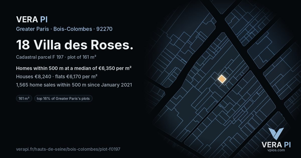 18 Villa des Roses, Bois-Colombes at night – the plot lit, the parcels around coloured by the prices near them