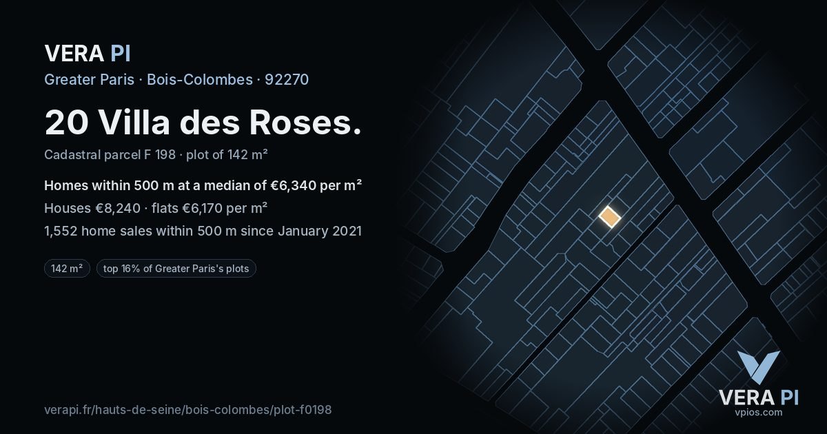 20 Villa des Roses, Bois-Colombes at night – the plot lit, the parcels around coloured by the prices near them