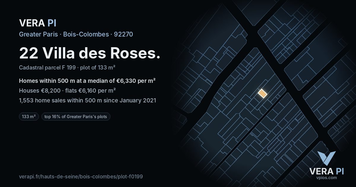 22 Villa des Roses, Bois-Colombes at night – the plot lit, the parcels around coloured by the prices near them