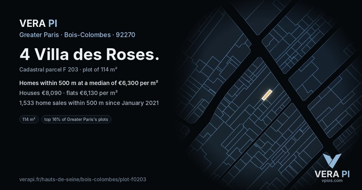 4 Villa des Roses, Bois-Colombes at night – the plot lit, the parcels around coloured by the prices near them