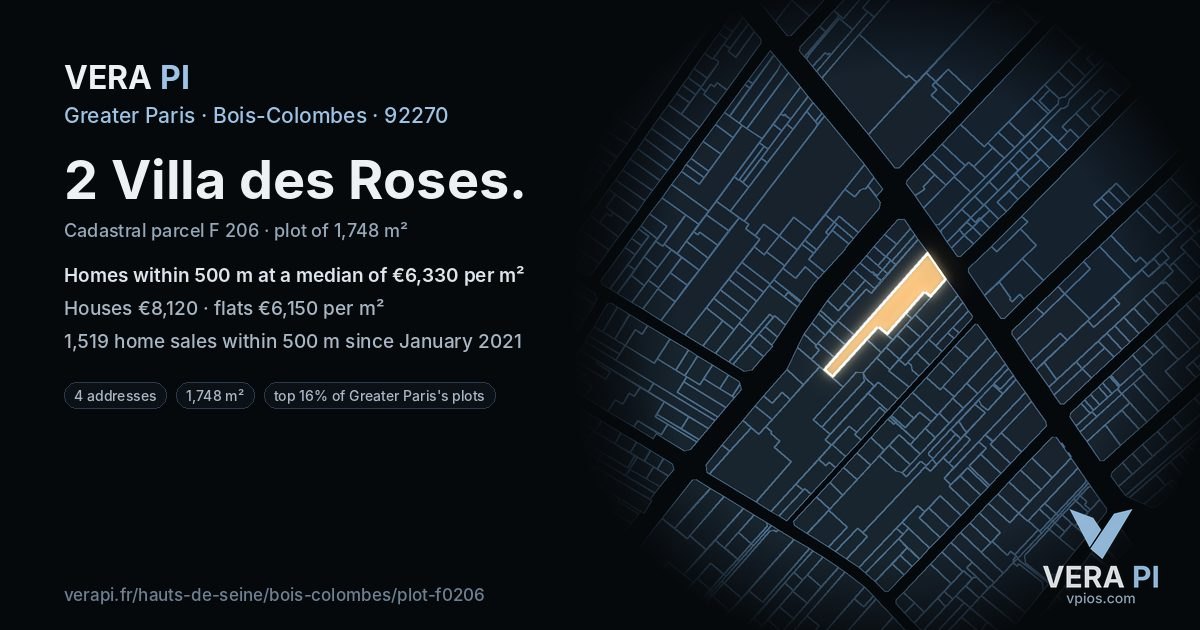 2 Villa des Roses, Bois-Colombes at night – the plot lit, the parcels around coloured by the prices near them