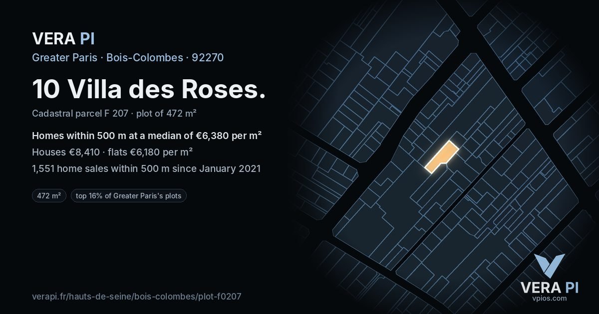 10 Villa des Roses, Bois-Colombes at night – the plot lit, the parcels around coloured by the prices near them