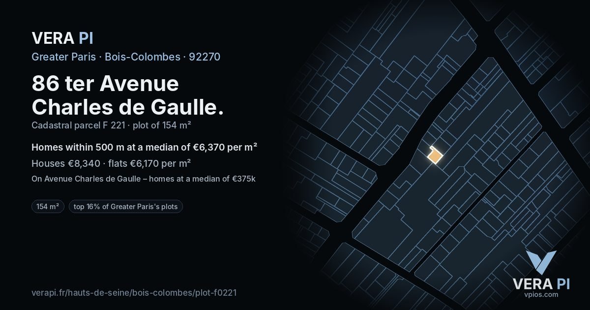 86 ter Avenue Charles de Gaulle, Bois-Colombes at night – the plot lit, the parcels around coloured by the prices near them