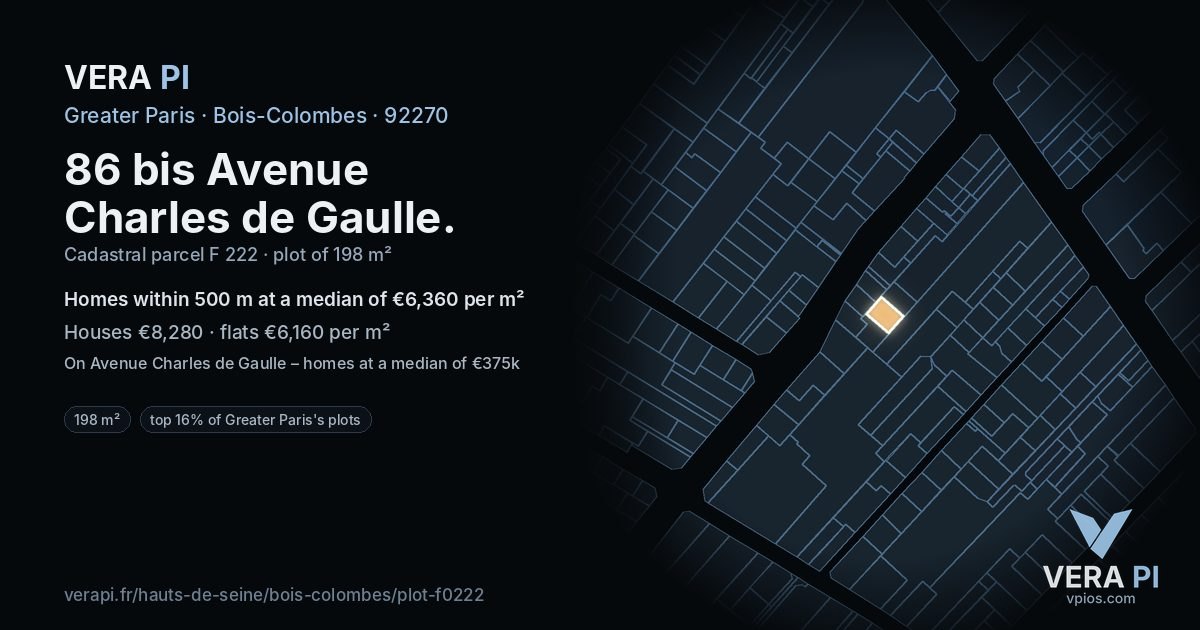 86 bis Avenue Charles de Gaulle, Bois-Colombes at night – the plot lit, the parcels around coloured by the prices near them