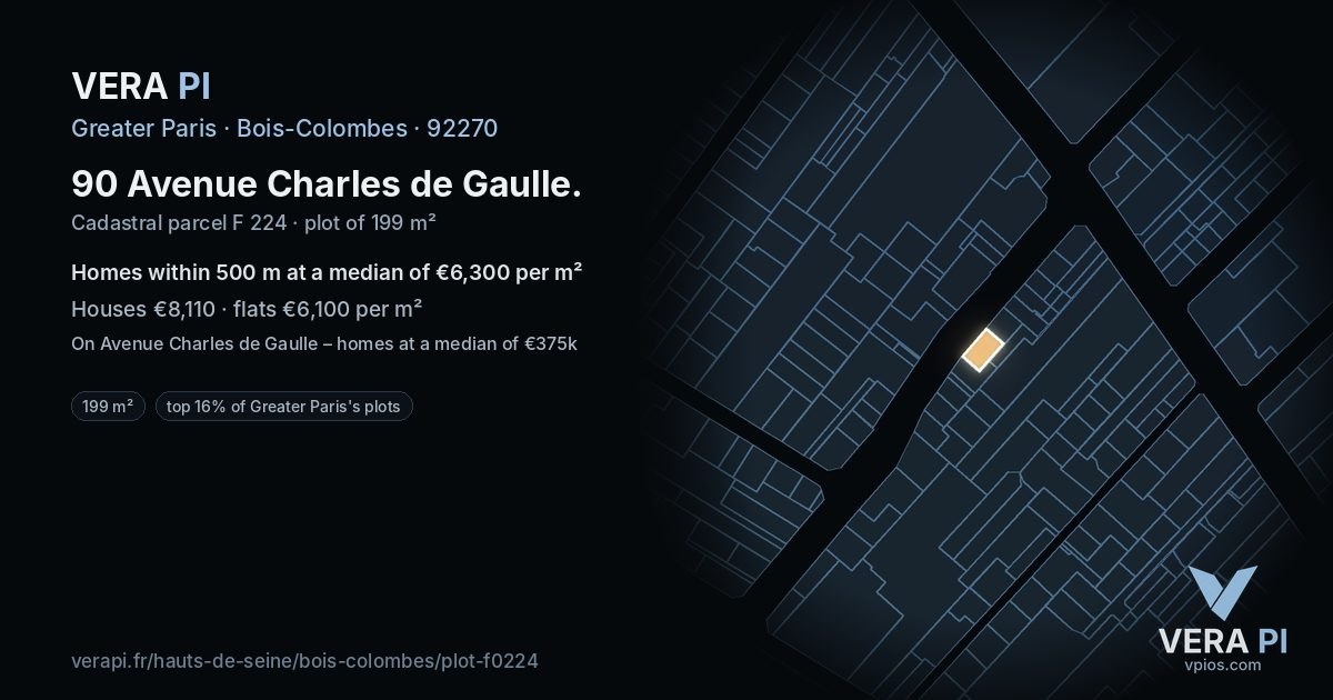 90 Avenue Charles de Gaulle, Bois-Colombes at night – the plot lit, the parcels around coloured by the prices near them
