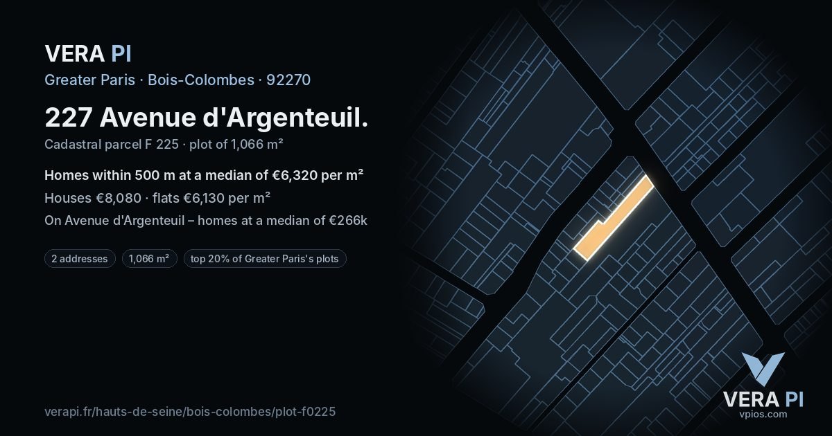 227 Avenue d'Argenteuil, Bois-Colombes at night – the plot lit, the parcels around coloured by the prices near them