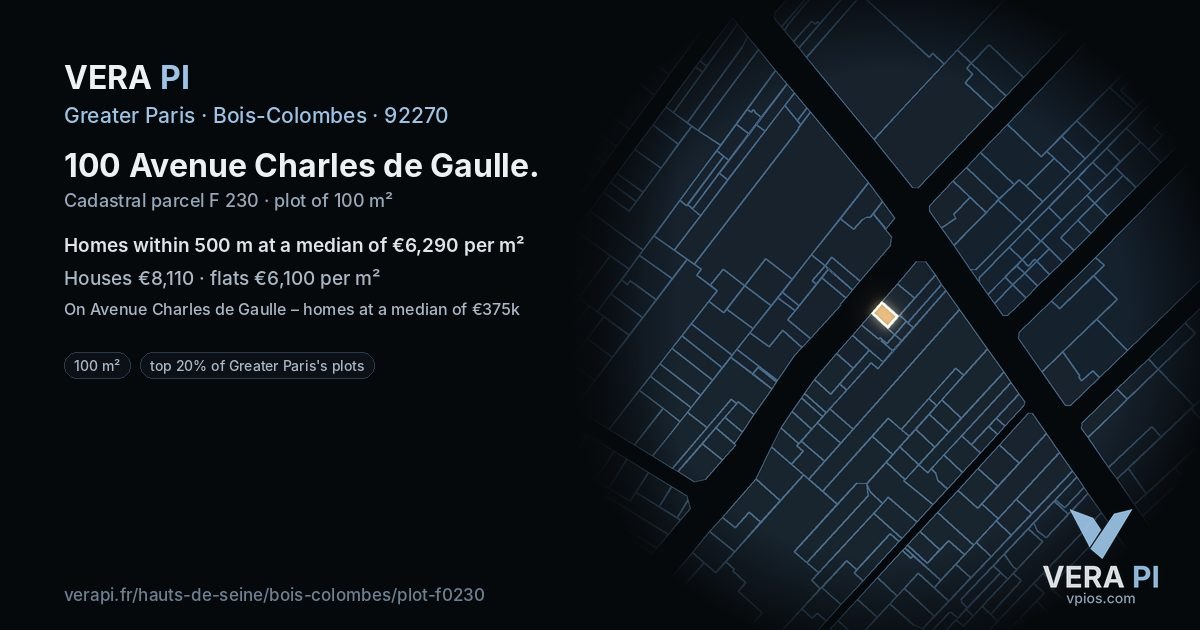 100 Avenue Charles de Gaulle, Bois-Colombes at night – the plot lit, the parcels around coloured by the prices near them