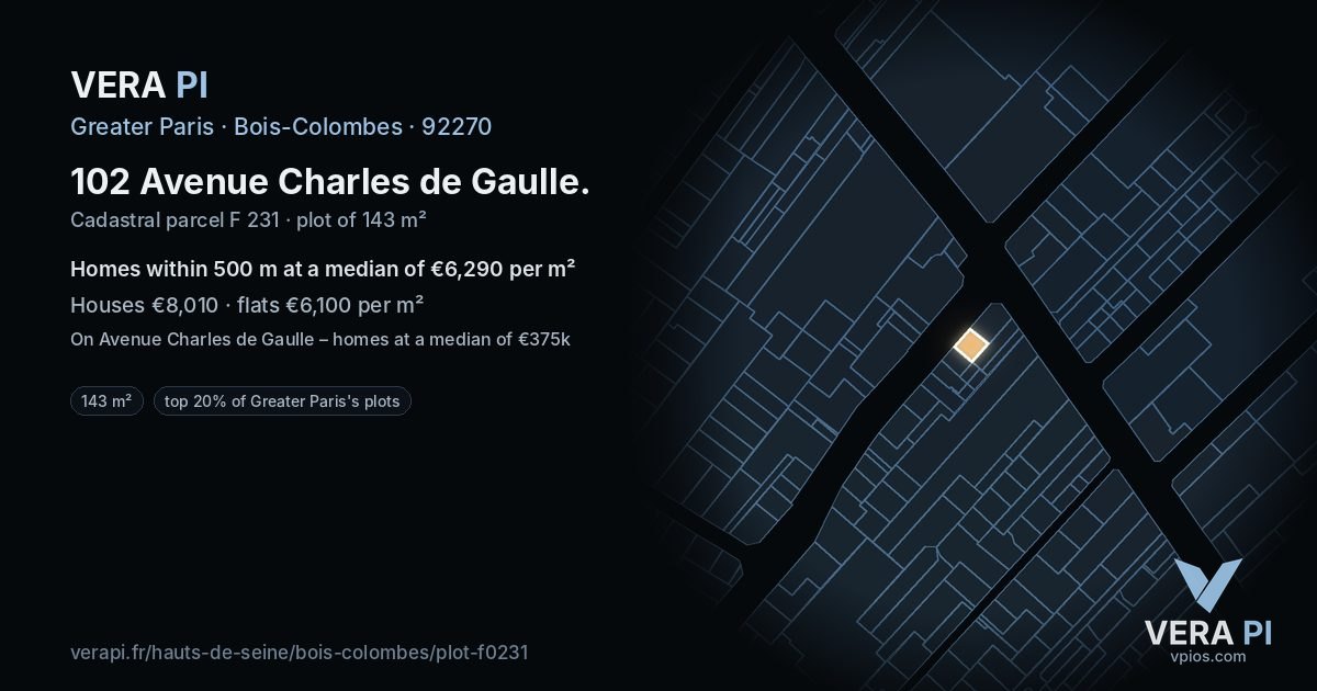 102 Avenue Charles de Gaulle, Bois-Colombes at night – the plot lit, the parcels around coloured by the prices near them