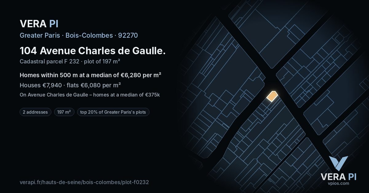 104 Avenue Charles de Gaulle, Bois-Colombes at night – the plot lit, the parcels around coloured by the prices near them