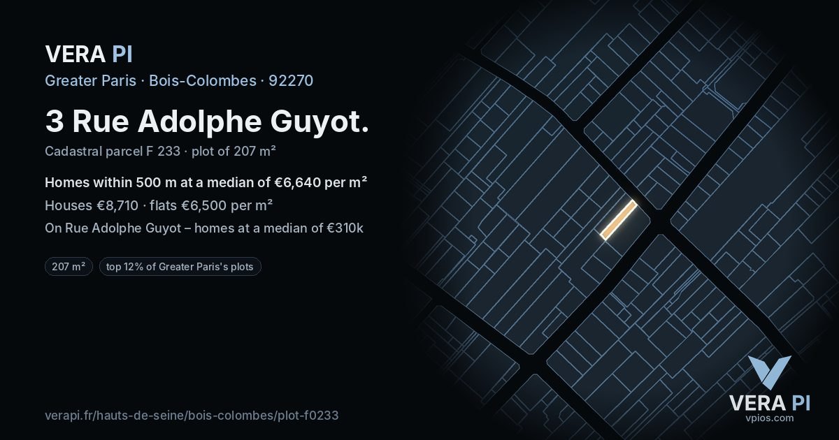 3 Rue Adolphe Guyot, Bois-Colombes at night – the plot lit, the parcels around coloured by the prices near them