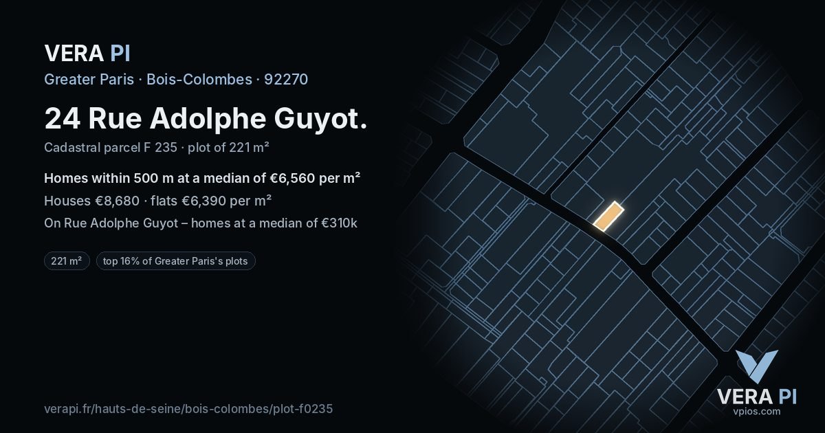 24 Rue Adolphe Guyot, Bois-Colombes at night – the plot lit, the parcels around coloured by the prices near them
