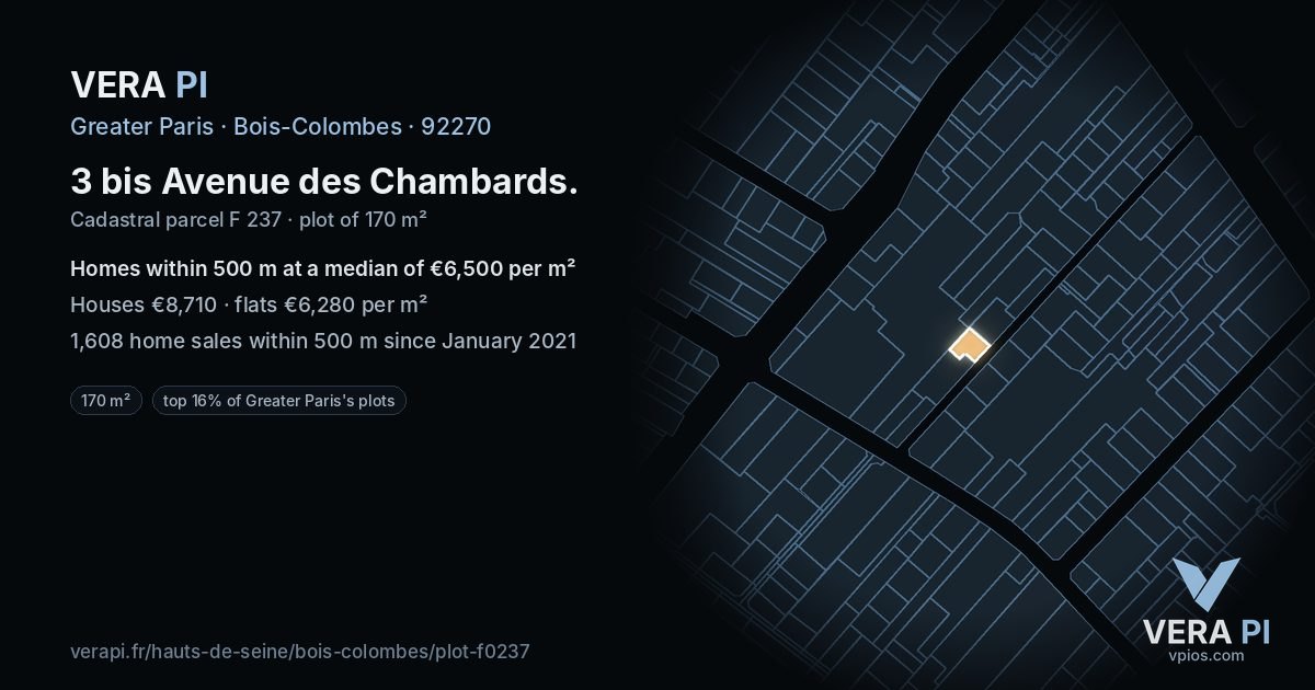 3 bis Avenue des Chambards, Bois-Colombes at night – the plot lit, the parcels around coloured by the prices near them