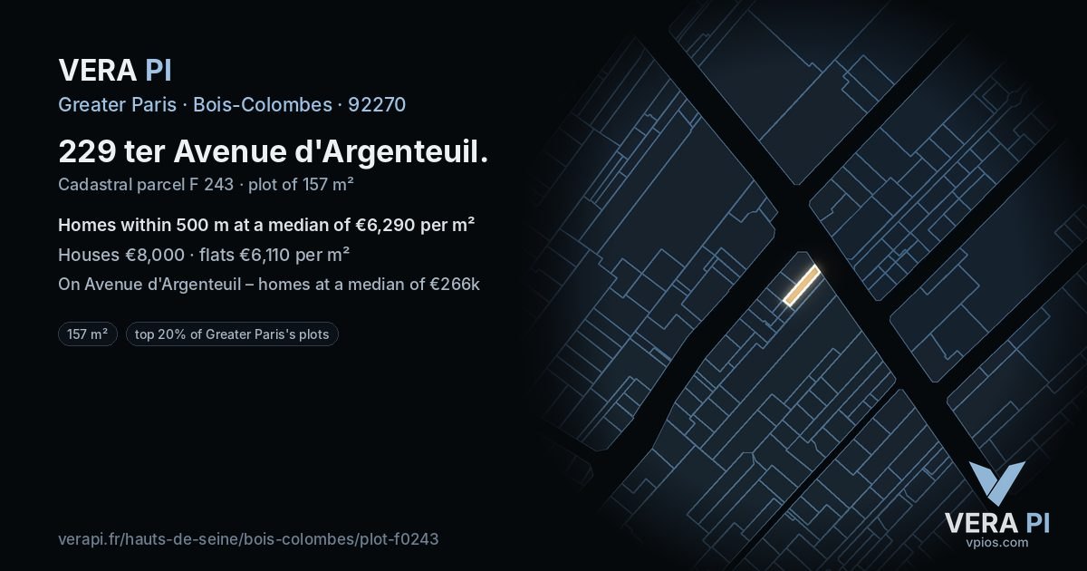 229 ter Avenue d'Argenteuil, Bois-Colombes at night – the plot lit, the parcels around coloured by the prices near them