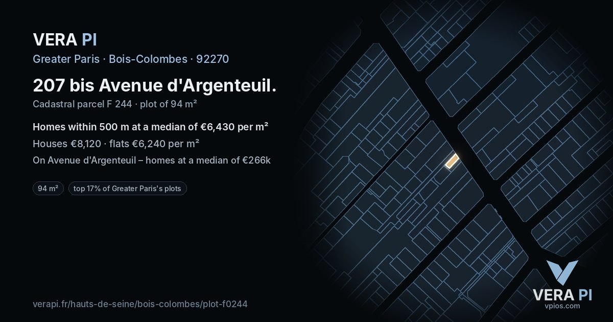 207 bis Avenue d'Argenteuil, Bois-Colombes at night – the plot lit, the parcels around coloured by the prices near them