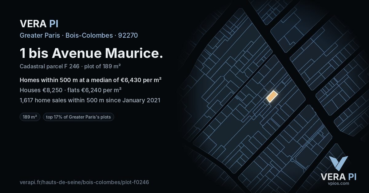 1 bis Avenue Maurice, Bois-Colombes at night – the plot lit, the parcels around coloured by the prices near them