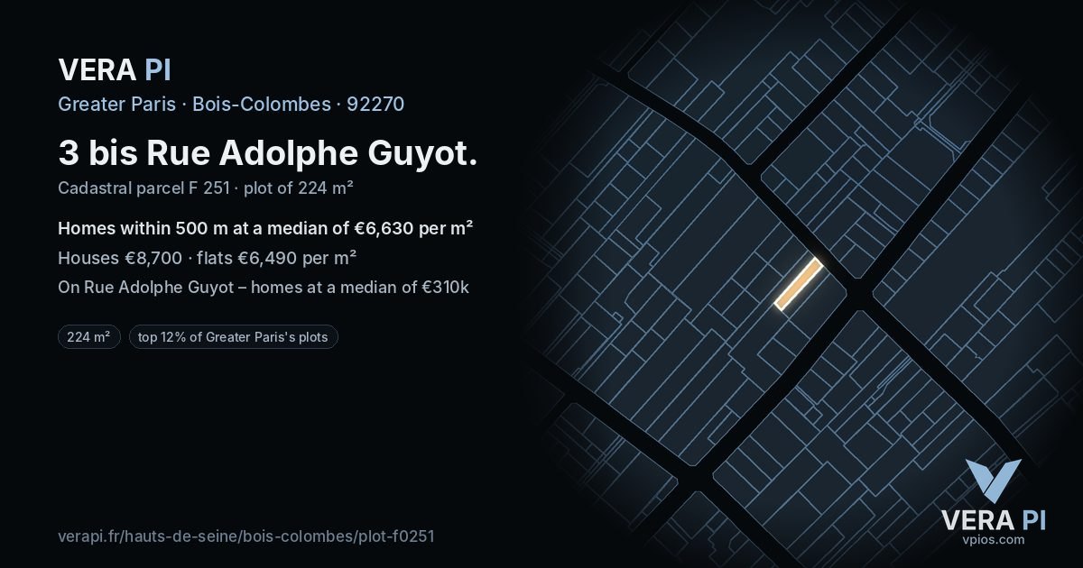 3 bis Rue Adolphe Guyot, Bois-Colombes at night – the plot lit, the parcels around coloured by the prices near them