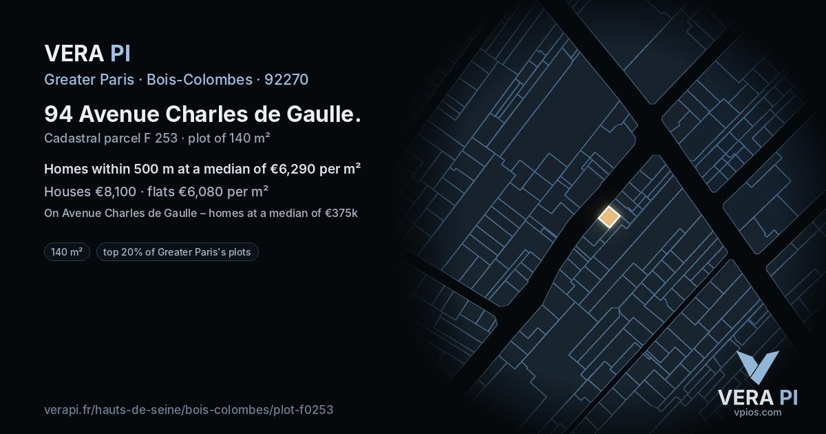 94 Avenue Charles de Gaulle, Bois-Colombes at night – the plot lit, the parcels around coloured by the prices near them