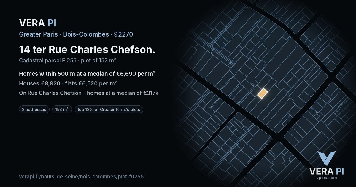 14 ter Rue Charles Chefson, Bois-Colombes at night – the plot lit, the parcels around coloured by the prices near them