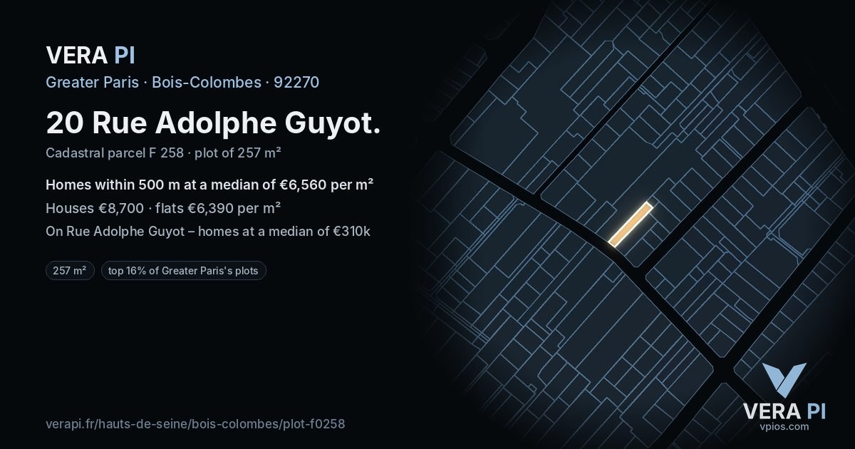 20 Rue Adolphe Guyot, Bois-Colombes at night – the plot lit, the parcels around coloured by the prices near them