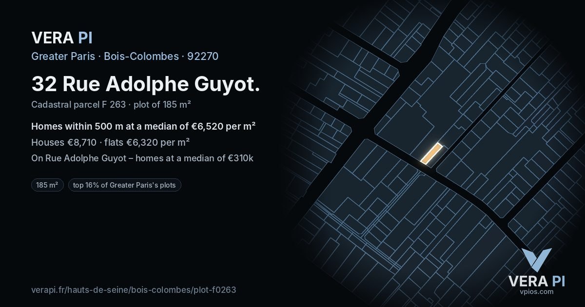 32 Rue Adolphe Guyot, Bois-Colombes at night – the plot lit, the parcels around coloured by the prices near them