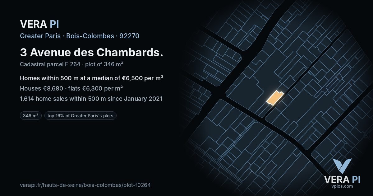 3 Avenue des Chambards, Bois-Colombes at night – the plot lit, the parcels around coloured by the prices near them