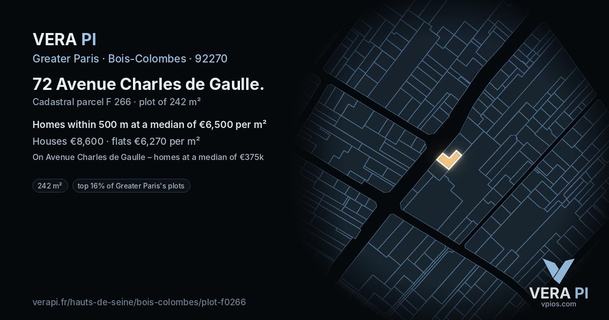 72 Avenue Charles de Gaulle, Bois-Colombes at night – the plot lit, the parcels around coloured by the prices near them