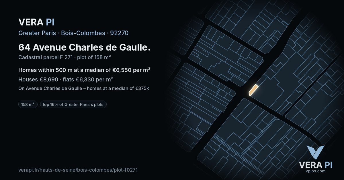 64 Avenue Charles de Gaulle, Bois-Colombes at night – the plot lit, the parcels around coloured by the prices near them