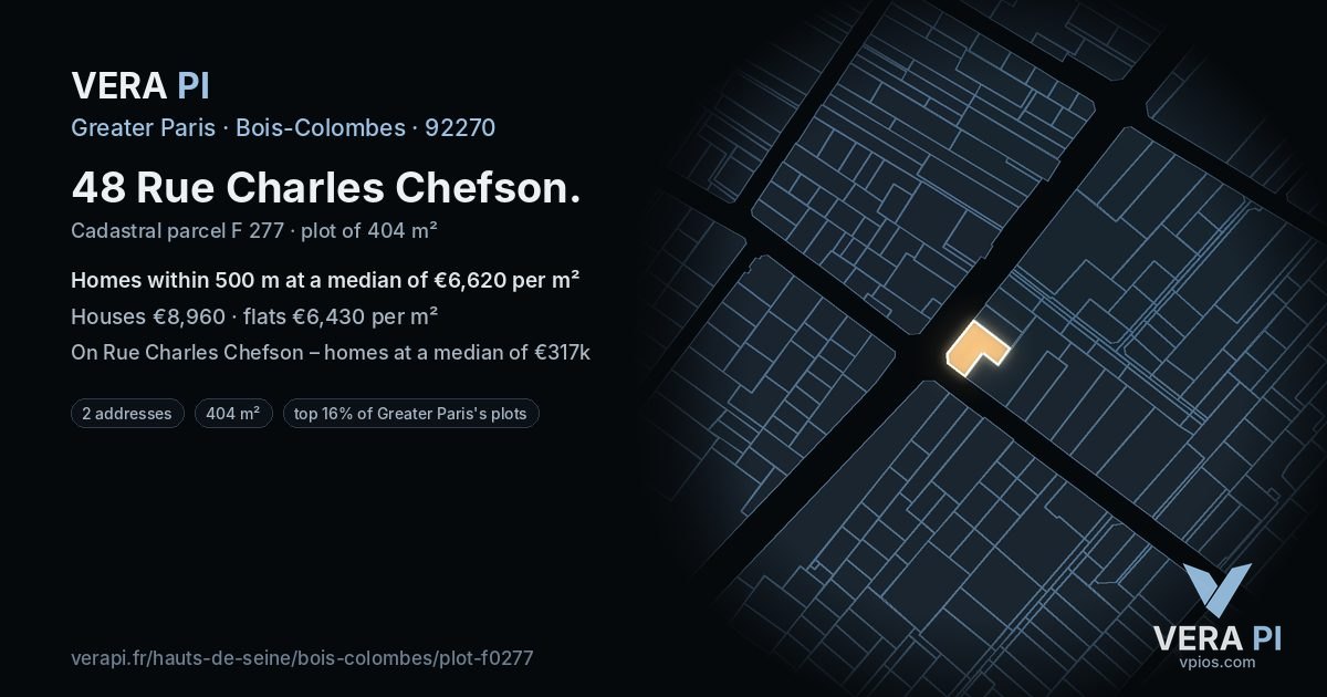 48 Rue Charles Chefson, Bois-Colombes at night – the plot lit, the parcels around coloured by the prices near them