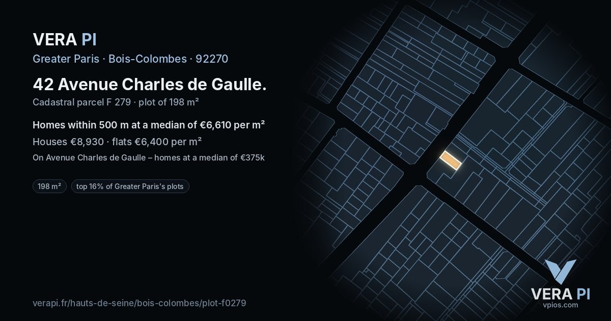 42 Avenue Charles de Gaulle, Bois-Colombes at night – the plot lit, the parcels around coloured by the prices near them
