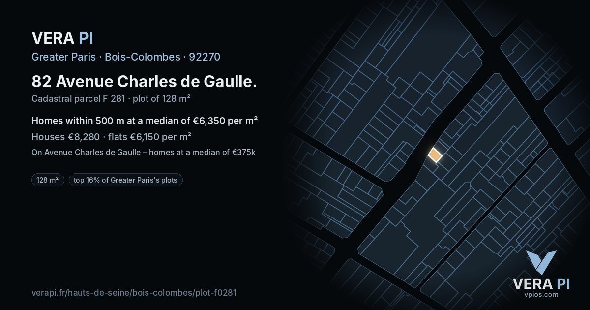82 Avenue Charles de Gaulle, Bois-Colombes at night – the plot lit, the parcels around coloured by the prices near them